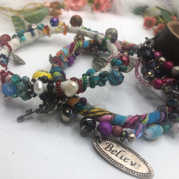 Buckle up beaded bracelet and then 2 bangles wrapped in silk and beads - Picture 2 of 5